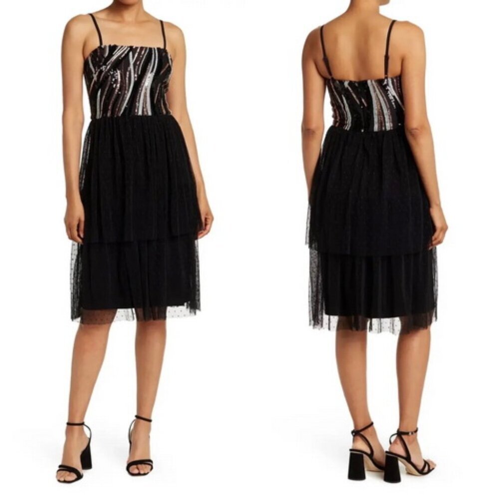 Dress The Population Kady Black Copper Sequin Tiered Dress